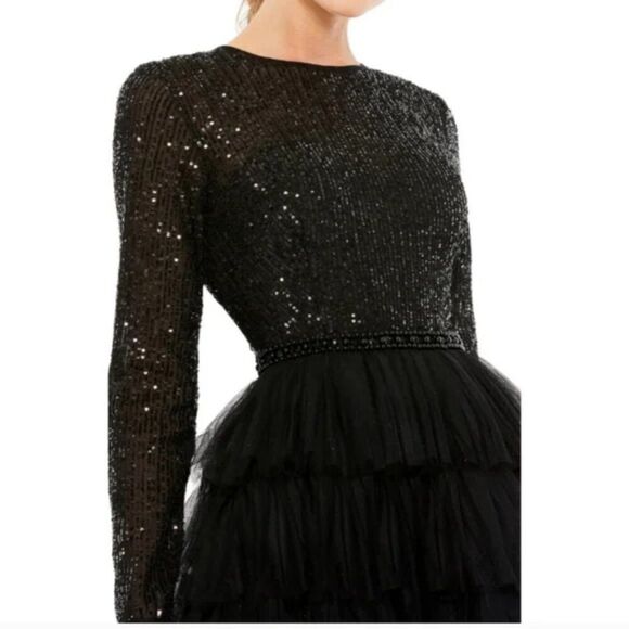 Mac Duggal 26299 Size 14 Black Long Sleeve Ruffled Tulle Tiered Midi Party Dress - Picture 6 of 6